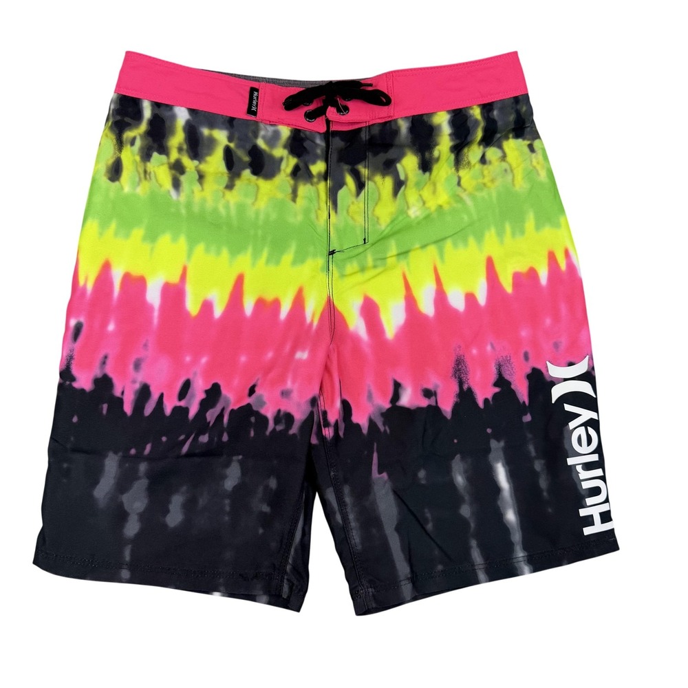 Hurley Board Shorts Boys 14 Black Neon Tie Dye Swim Trunks 14/27 Waist‎